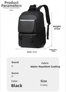 Detailed dimension guide of black waterproof travel backpack with 47x31x19cm measurements