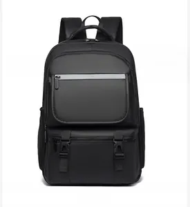 Front view of black high-density water-resistant backpack with buckle and zipper details