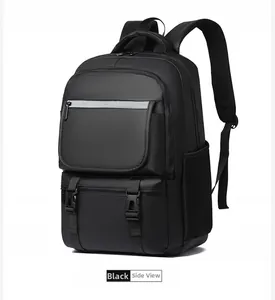 Side view of black water-resistant backpack with reflective strip and mesh pocket