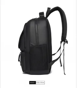 Side view of a black travel laptop backpack showing padded straps and multi-layer zippers