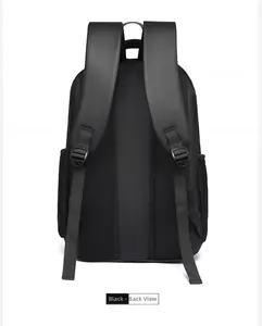 Detail of ergonomic breathable mesh back panel and S-shaped shoulder straps on black backpack