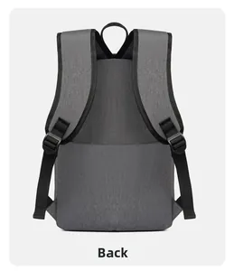 Detail of grey oxford backpack back with thick S-shaped padded shoulder straps