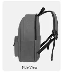 Side view of dark gray oxford fabric backpack featuring water-resistant matte texture