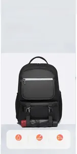 Detail showing multifunctional backpack bottom straps holding a folded umbrella