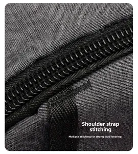 Close-up of reinforced stitching and durable zipper on the grey Oxford fabric backpack