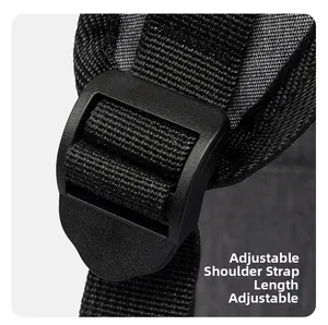 Detail of adjustable nylon strap and black plastic buckle on large oxford backpack