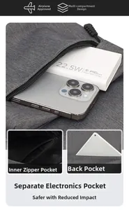Detail view of Oxford cloth backpack with organized pockets for tablets and gadgets