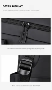 Détails du sac à dos étanche montrant les fermetures éclair et la boucle de sangle réglable