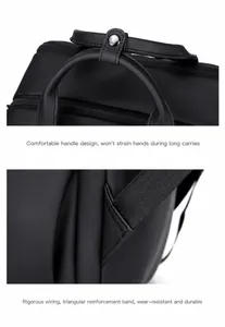 Détails des coutures renforcées en triangle et de la poignée sur sac à dos noir