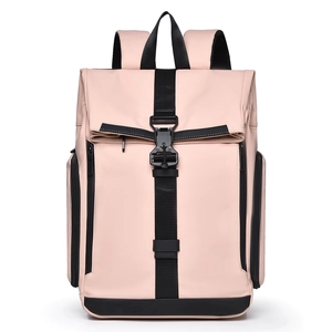 Waterproof light pink backpack with black buckles and large capacity for travel