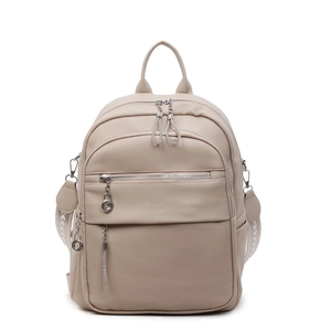 Schicker beiger Rucksack aus Leder mit Lychee-Muster, Reißverschlüssen und Webriemen