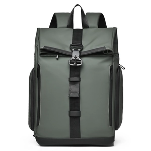 Olive green roll-top backpack with black straps and buckles for outdoor travel