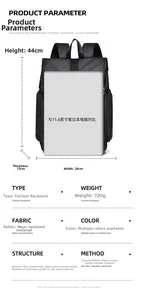 Detailed technical specs of black laptop backpack 44x28x15cm showing size and interior pockets