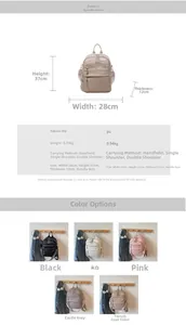 Detailed chart showing PU leather backpack dimensions 28x37x12cm and five color options
