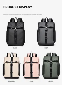 Five colors of water-resistant travel backpacks including black grey pink and green