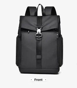Front view of black functional backpack with roll-top design and metal buckle closure