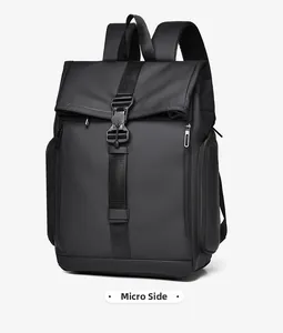 Micro side view of matte black waterproof laptop backpack with buckle and zipper