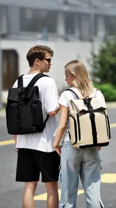 Detail of outdoor leisure backpack with metal buckle and vertical decorative straps