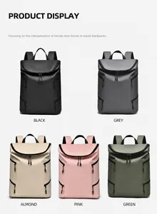 Waterproof travel backpacks shown in black, grey, almond, pink, and green colors