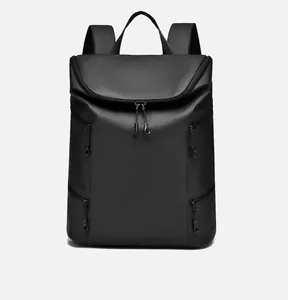 Front view of large capacity black backpack with four functional zipper pockets
