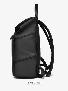 Side view of black waterproof backpack featuring multi-layer zipper compartments