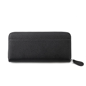Close-up of black pebbled leather long wallet with silver zipper and leather puller