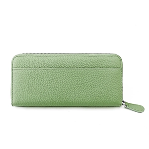 Detail of light green litchi grain leather long wallet with zipper and card pocket
