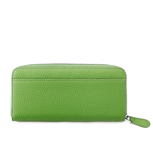 Rear view of green litchi grain leather long wallet showing back slot and silver zipper