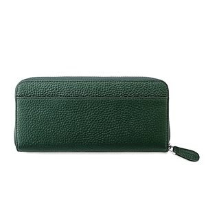 Close-up of dark green pebbled leather wallet featuring a zipper and back pocket