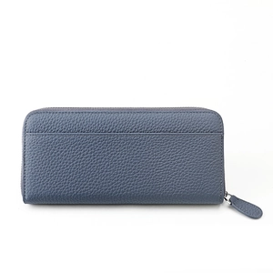 Close-up of blue-grey litchi grain leather wallet with high-quality metal zipper detail