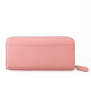 Pink genuine leather long wallet detail showing lychee texture and back slip pocket