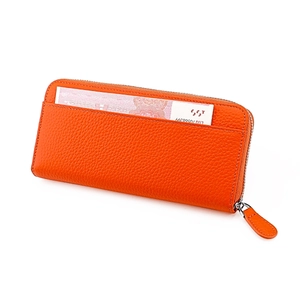 Bright orange genuine leather RFID long wallet with litchi grain texture and zipper