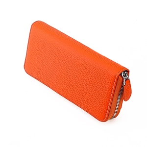 Orange genuine leather RFID long zip wallet with lychee pattern for women
