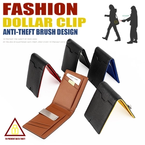 Slim RFID blocking wallet showing five textured finishes with a metal money clip detail