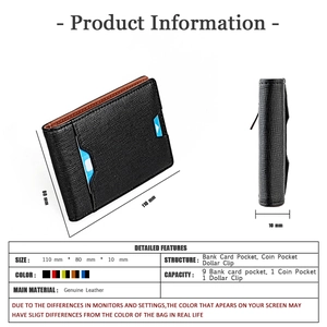 Slim genuine leather wallet with dollar clip and coin pocket, showing dimensions 110x80x10mm