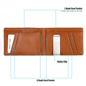 Detail view of brown leather bifold wallet with 8 card slots and metal money clip