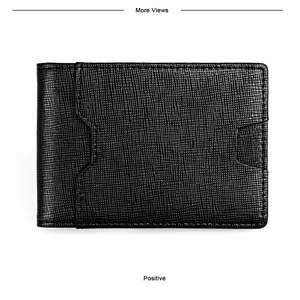 Close-up of slim men's bi-fold wallet featuring black cross-grain leather and card slots