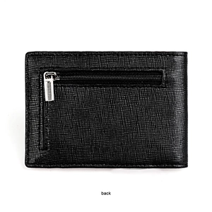 Slim wallet back view showing smooth metal zipper pocket for coins on textured leather