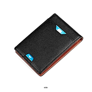 Side view of slim front pocket wallet in black crossgrain leather with brown interior