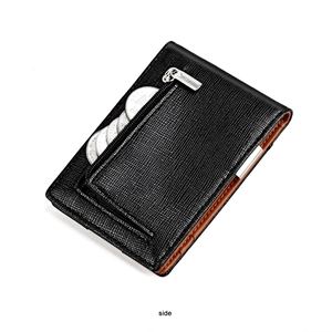 Detail view of a slim crossgrain leather money clip wallet with a functional zipper coin pocket