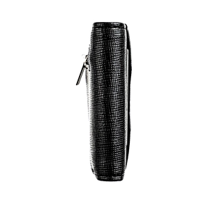 Detail of slim black crocodile embossed wallet with silver metal zipper and smooth edges