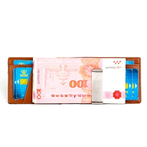 Detailed view of brown leather slim wallet with stainless steel money clip and card slots