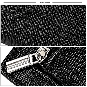 Detail of black embossed leather wallet featuring silver metal zipper and fine texture