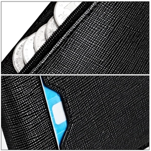 Detail of slim money clip wallet featuring black cross-grain leather and zipper coin pocket