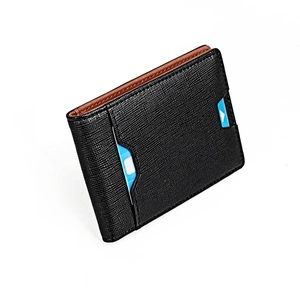 Slim bifold money clip wallet in black Saffiano leather with brown interior and card slot