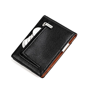 Slim black crosshatch leather money clip wallet with brown interior and zipper pocket