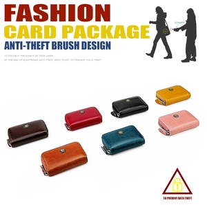 Collection of multi-color RFID blocking card holders with polished faux leather and metal logo