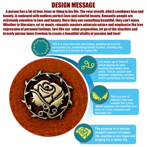 Detail of rose metal badge with thorn wreath and abstract figures on brown leather