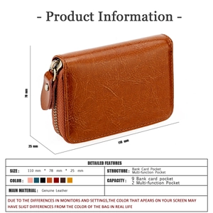 Brown leather wallet detail showing dimensions 110x78x25mm and 9 internal card slots
