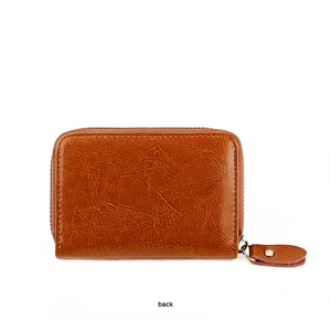 Detailed back view of brown leather card wallet featuring natural lychee grain and zipper